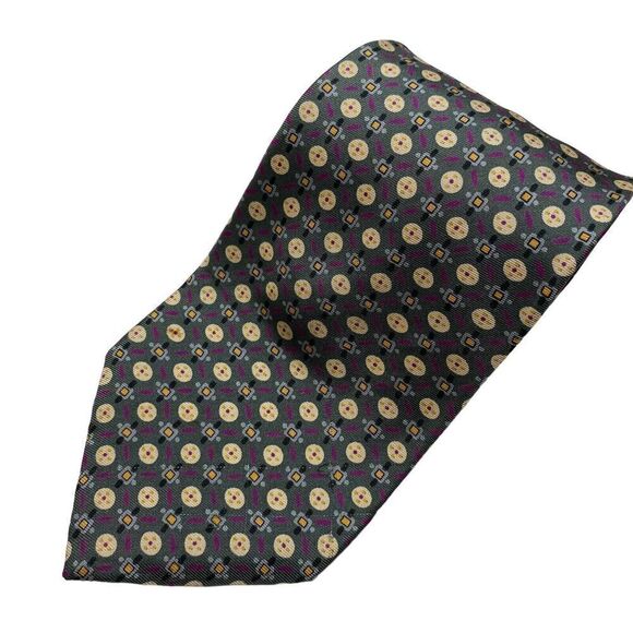 Christian Dior Tie Men's Necktie Silk Gray Yellow Circles Squares Dashes USA - Picture 1 of 7